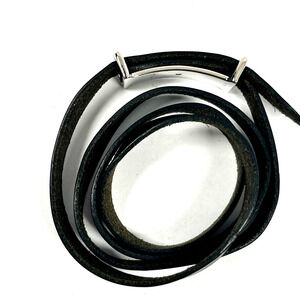 Hermes Black Leather Api Wrap Bracelet Long Choker Silver-Tone Hardware
